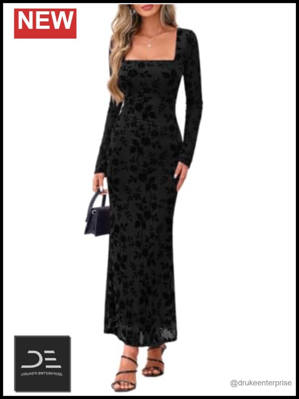 Square Neck Long Sleeve Floral Mesh Ruched Maxi Dress